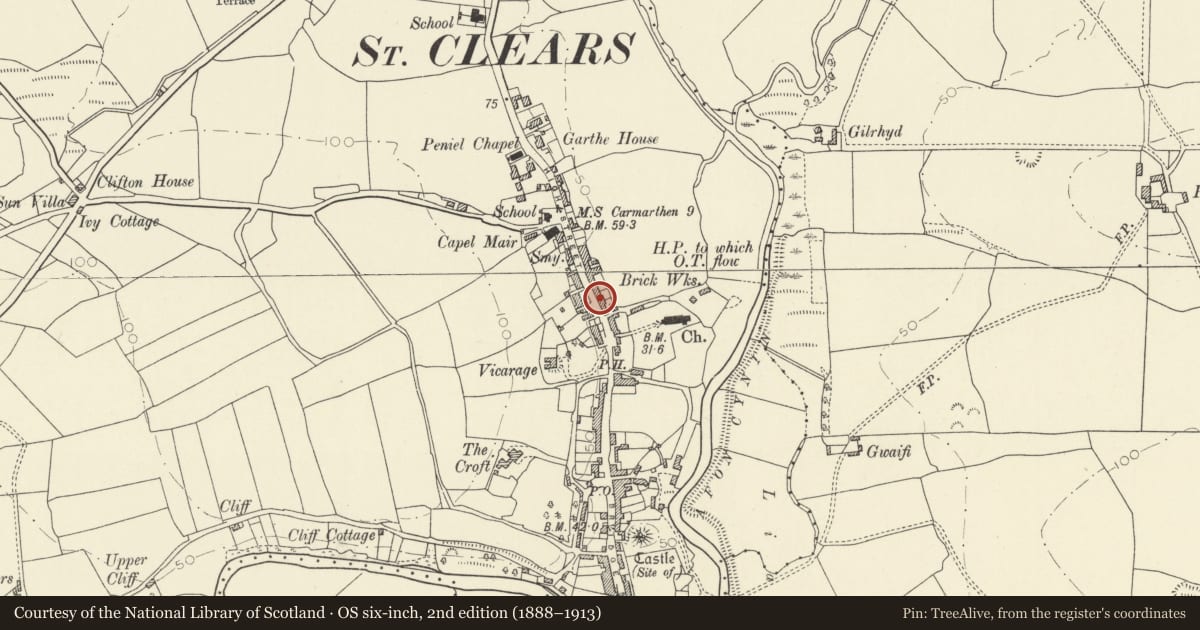 Ordnance Survey six-inch map, 2nd edition (1888–1913) covering the location of The Butcher's Arms Inn, St. Clears, Carmarthenshire, with a pin at the register's coordinates