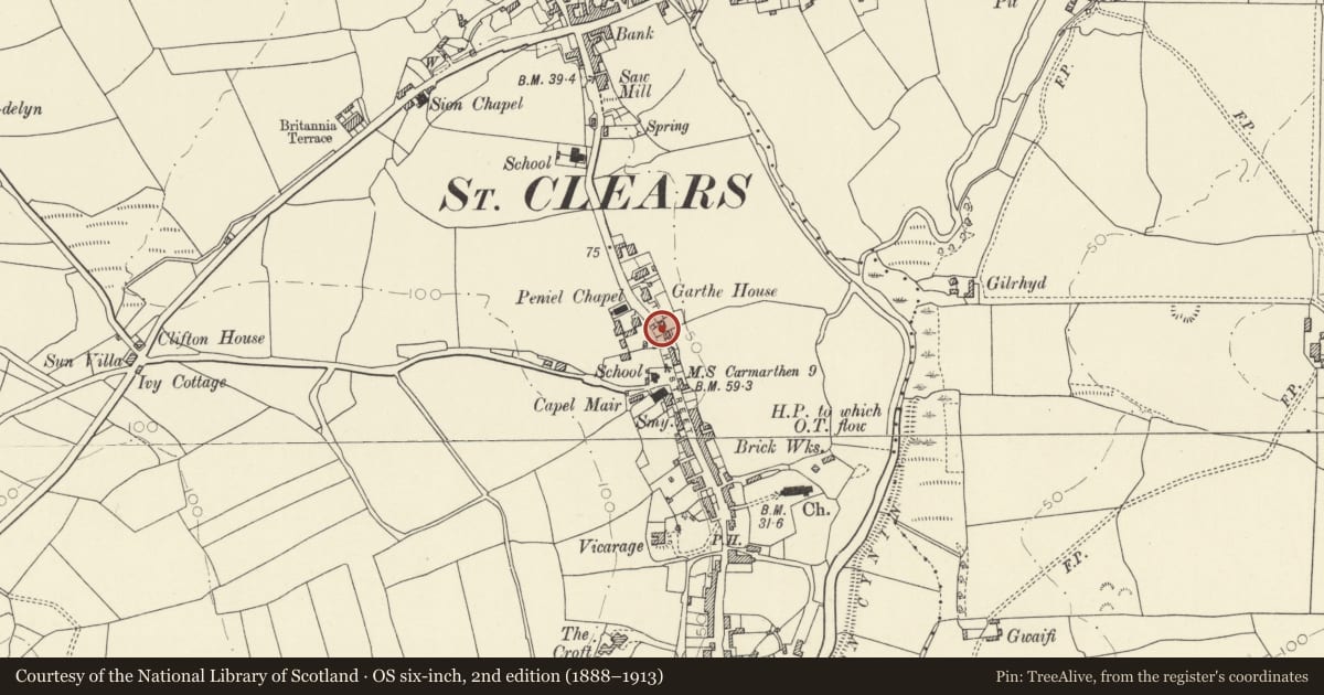 Ordnance Survey six-inch map, 2nd edition (1888–1913) covering the location of Water Pump, St. Clears, Carmarthenshire, with a pin at the register's coordinates