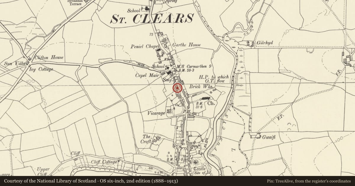 Ordnance Survey six-inch map, 2nd edition (1888–1913) covering the location of Newton Villa, St. Clears, Carmarthenshire, with a pin at the register's coordinates
