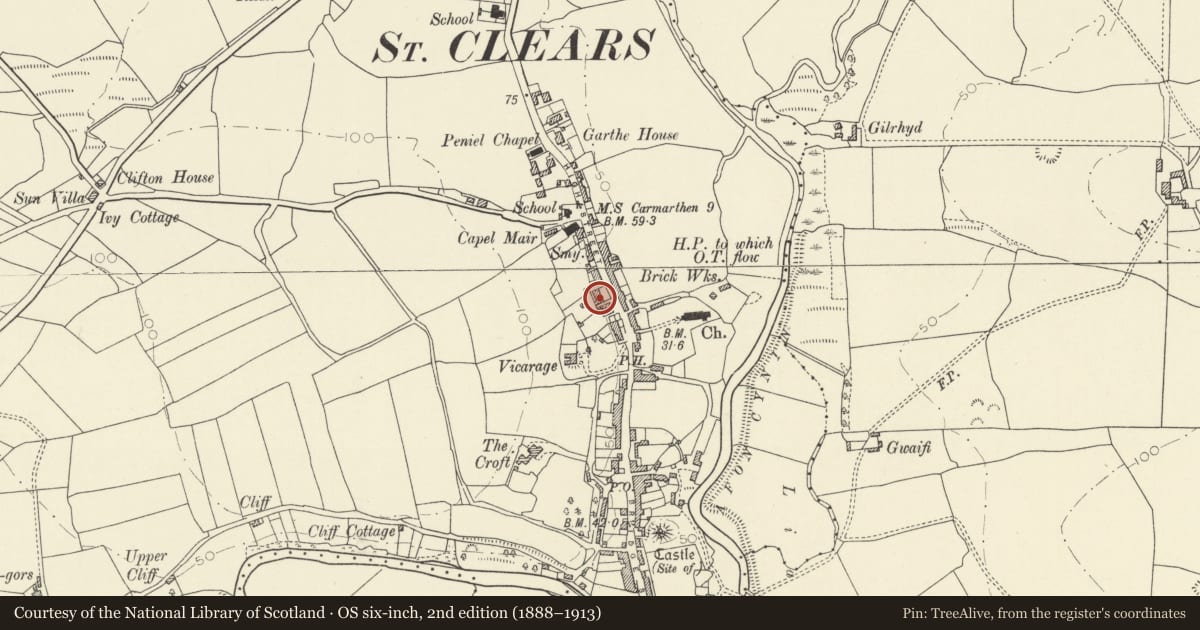 Ordnance Survey six-inch map, 2nd edition (1888–1913) covering the location of Kieffe House, St. Clears, Carmarthenshire, with a pin at the register's coordinates
