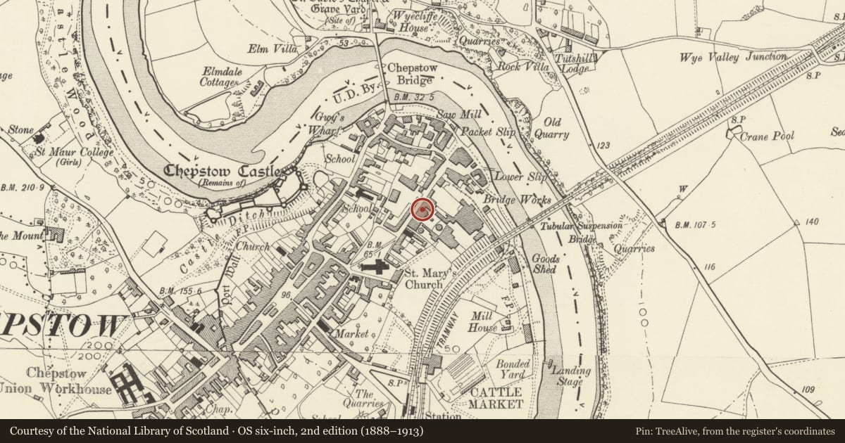 Ordnance Survey six-inch map, 2nd edition (1888–1913) covering the location of 12 Lower Church Street including railings, Chepstow, Monmouthshire, with a pin at the register's coordinates