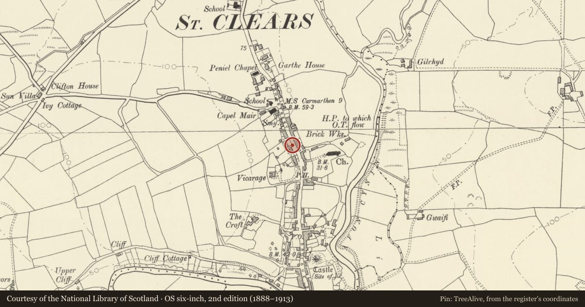 Ordnance Survey six-inch map, 2nd edition (1888–1913) covering the location of Water Pump, St. Clears, Carmarthenshire, with a pin at the register's coordinates