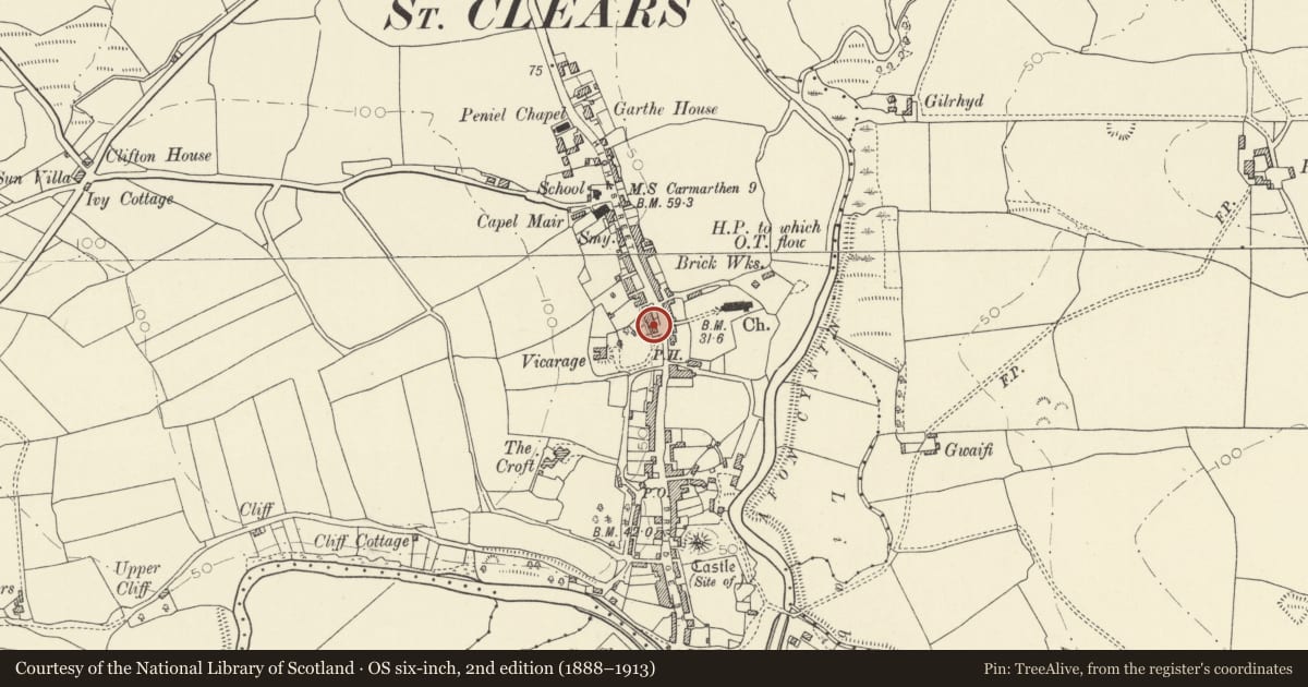 Ordnance Survey six-inch map, 2nd edition (1888–1913) covering the location of The Town Hall, St. Clears, Carmarthenshire, with a pin at the register's coordinates
