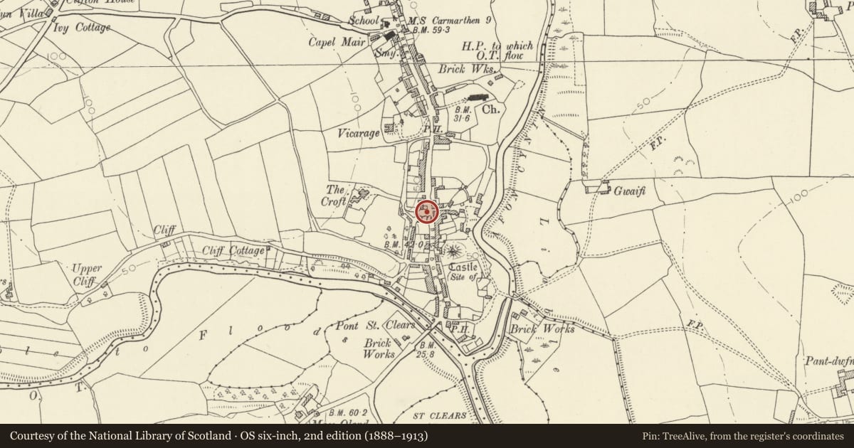 Ordnance Survey six-inch map, 2nd edition (1888–1913) covering the location of Water Pump, St. Clears, Carmarthenshire, with a pin at the register's coordinates