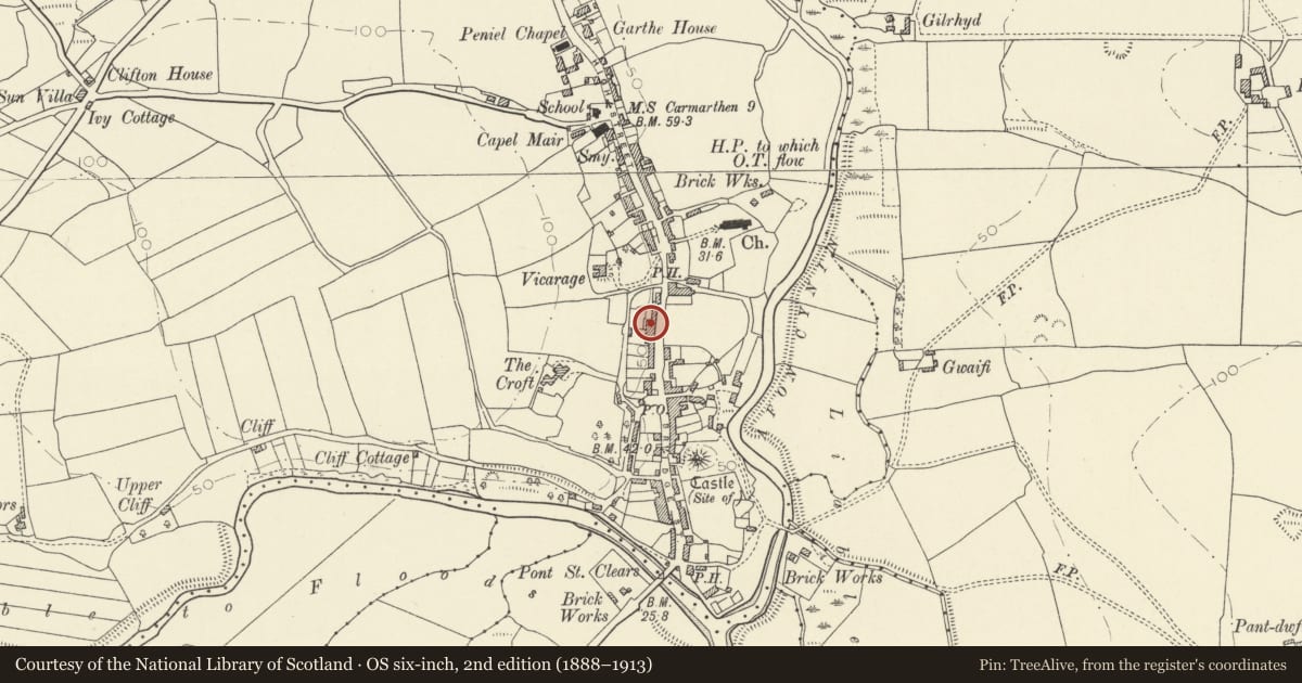 Ordnance Survey six-inch map, 2nd edition (1888–1913) covering the location of Green Park House, with wall and railings, St. Clears, Carmarthenshire, with a pin at the register's coordinates