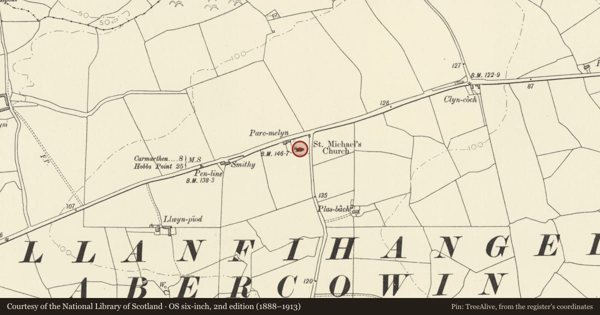 Ordnance Survey six-inch map, 2nd edition (1888–1913) covering the location of Llanfihangel Abercowyn New Church, St. Clears, Carmarthenshire, with a pin at the register's coordinates