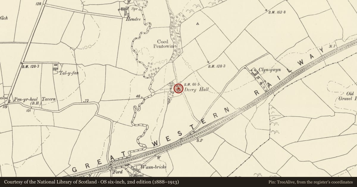 Ordnance Survey six-inch map, 2nd edition (1888–1913) covering the location of Derry Hall, St. Clears, Carmarthenshire, with a pin at the register's coordinates