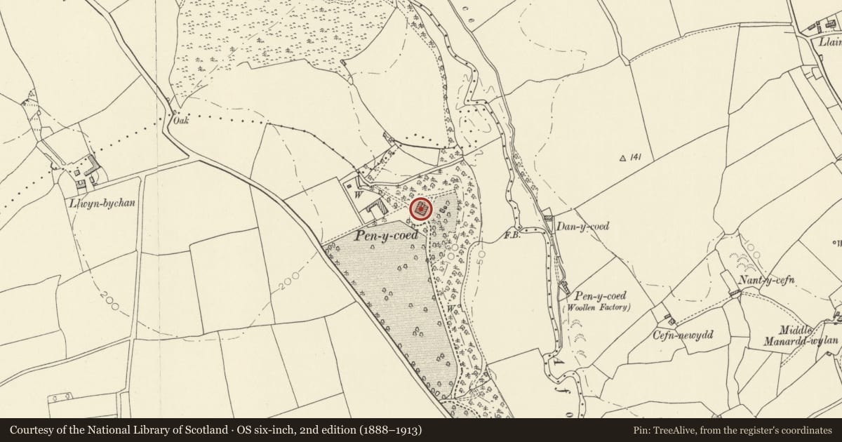 Ordnance Survey six-inch map, 2nd edition (1888–1913) covering the location of Penycoed Mansion, St. Clears, Carmarthenshire, with a pin at the register's coordinates