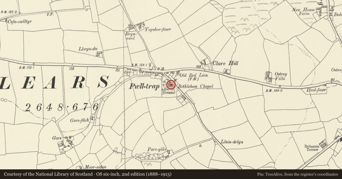 Ordnance Survey six-inch map, 2nd edition (1888–1913) covering the location of Capel Bethlehem, St. Clears, Carmarthenshire, with a pin at the register's coordinates