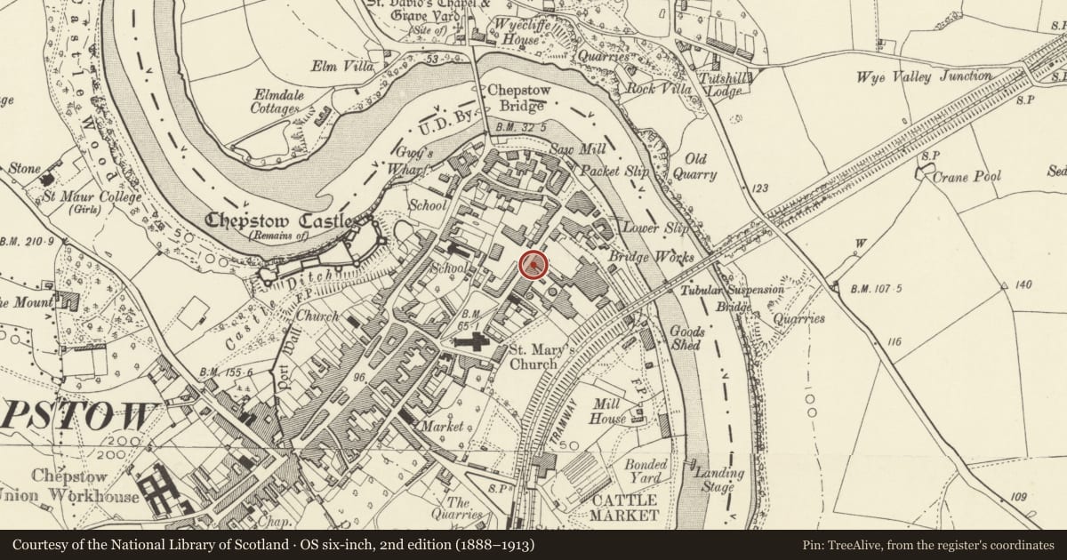 Ordnance Survey six-inch map, 2nd edition (1888–1913) covering the location of Comice House, Chepstow, Monmouthshire, with a pin at the register's coordinates