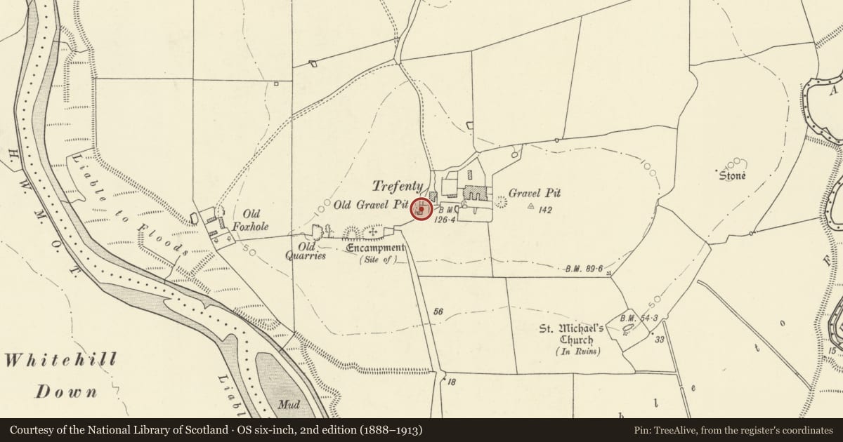 Ordnance Survey six-inch map, 2nd edition (1888–1913) covering the location of Old house at Trefenty, St. Clears, Carmarthenshire, with a pin at the register's coordinates