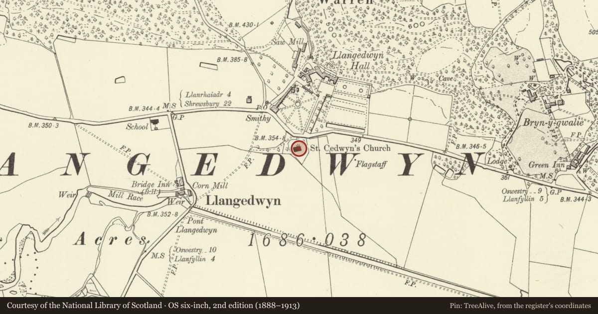 Ordnance Survey six-inch map, 2nd edition (1888–1913) covering the location of Church of St Cedwyn, Llangedwyn, Powys, with a pin at the register's coordinates