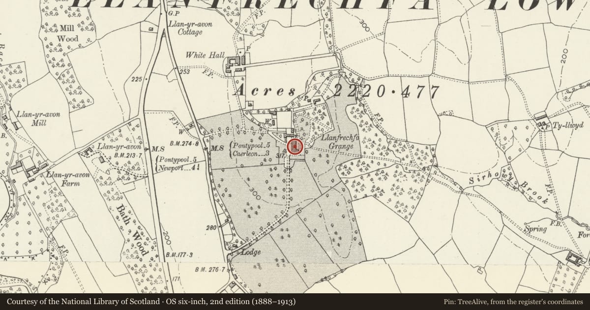 Ordnance Survey six-inch map, 2nd edition (1888–1913) covering the location of Llanfrechfa Grange, Llanyrafon, Torfaen, with a pin at the register's coordinates