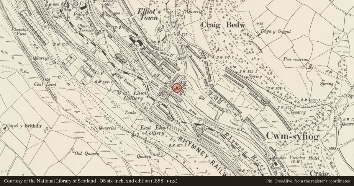 Ordnance Survey six-inch map, 2nd edition (1888–1913) covering the location of Elliot Colliery Winding Engine House and Engine, New Tredegar, Caerphilly, with a pin at the register's coordinates