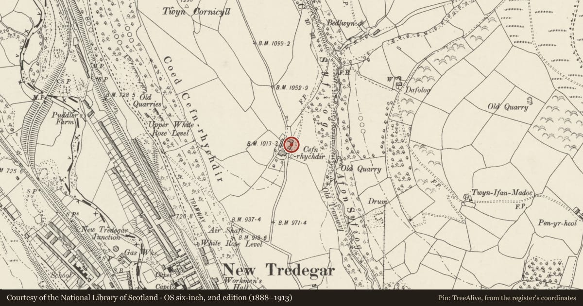 Ordnance Survey six-inch map, 2nd edition (1888–1913) covering the location of L-plan Farm Ranges at Cefnrhychdir, New Tredegar, Caerphilly, with a pin at the register's coordinates