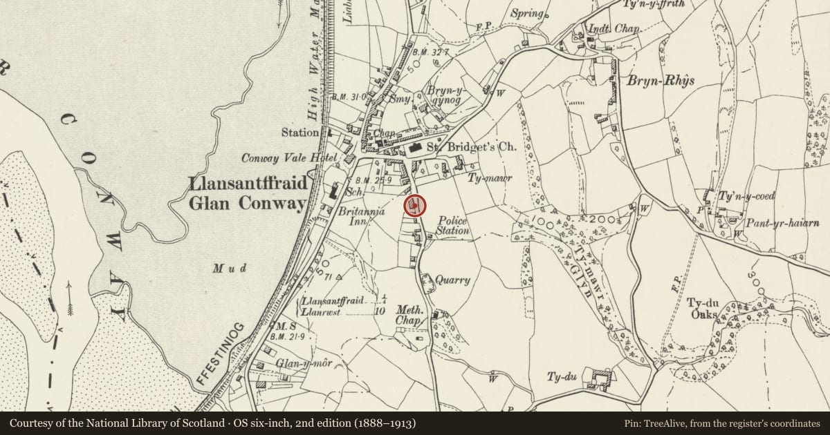 Ordnance Survey six-inch map, 2nd edition (1888–1913) covering the location of 24 Top Llan Road, Llansanffraid Glan Conwy, Conwy, with a pin at the register's coordinates