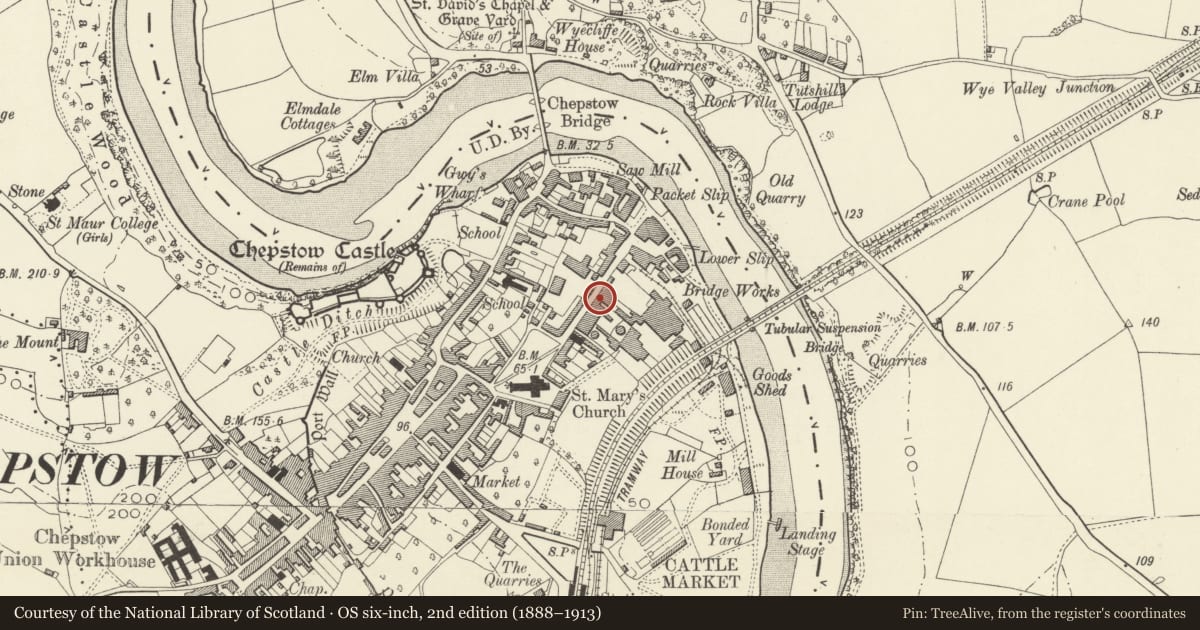 Ordnance Survey six-inch map, 2nd edition (1888–1913) covering the location of Nos. 13&14 Lower Church Street including forecourt railings, Chepstow, Monmouthshire, with a pin at the register's coordinates