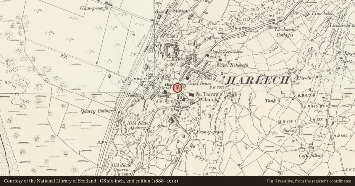 Ordnance Survey six-inch map, 2nd edition (1888–1913) covering the location of Spar, Harlech, Gwynedd, with a pin at the register's coordinates