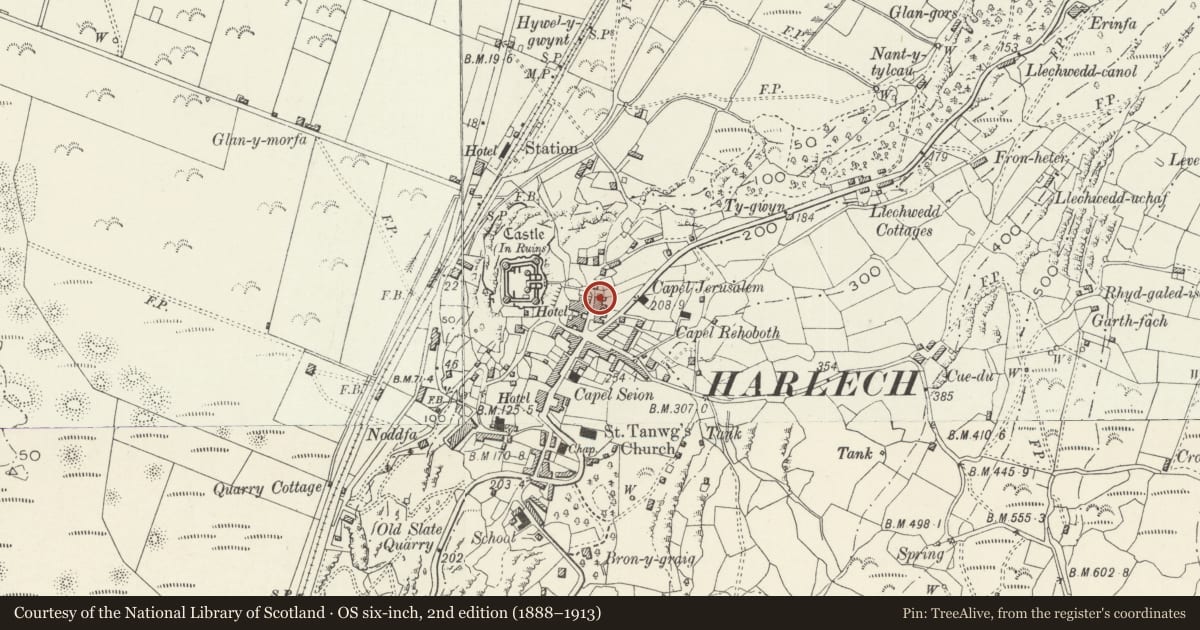 Ordnance Survey six-inch map, 2nd edition (1888–1913) covering the location of Ty'r Felin, Harlech, Gwynedd, with a pin at the register's coordinates