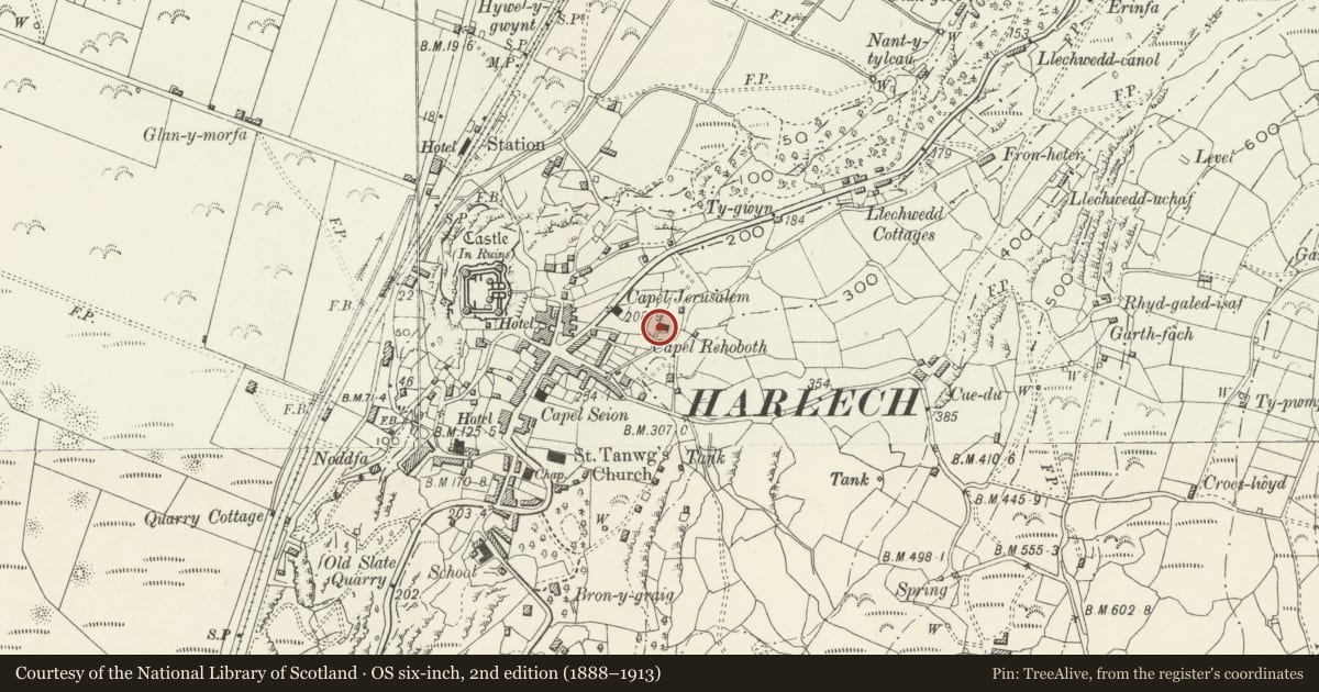 Ordnance Survey six-inch map, 2nd edition (1888–1913) covering the location of Capel Rehoboth, Harlech, Gwynedd, with a pin at the register's coordinates