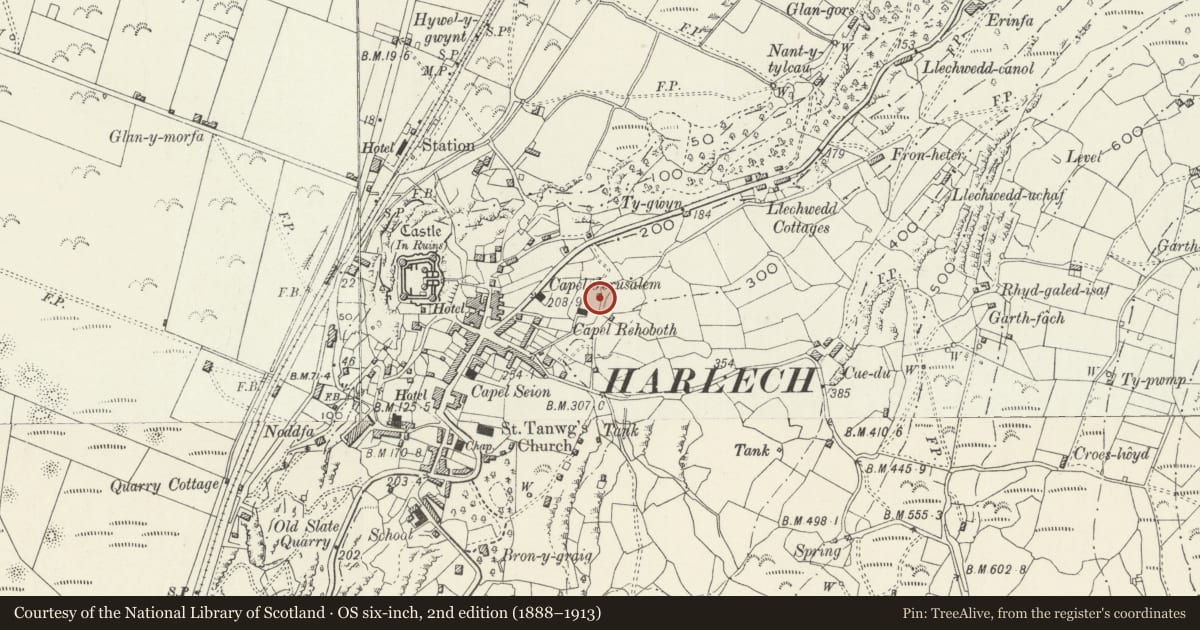 Ordnance Survey six-inch map, 2nd edition (1888–1913) covering the location of Bier House at Capel Rehoboth, Harlech, Gwynedd, with a pin at the register's coordinates