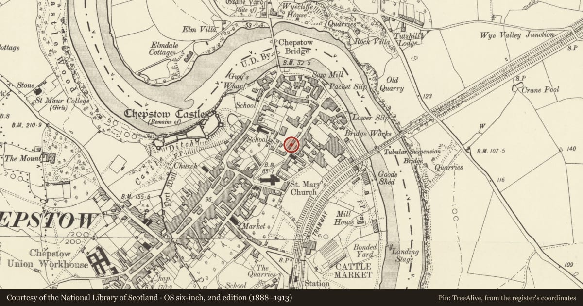 Ordnance Survey six-inch map, 2nd edition (1888–1913) covering the location of 37 Lower Church Street, Chepstow, Monmouthshire, with a pin at the register's coordinates