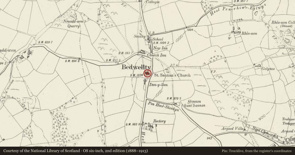 Ordnance Survey six-inch map, 2nd edition (1888–1913) covering the location of Church of St Sannan, Bargoed, Caerphilly, with a pin at the register's coordinates