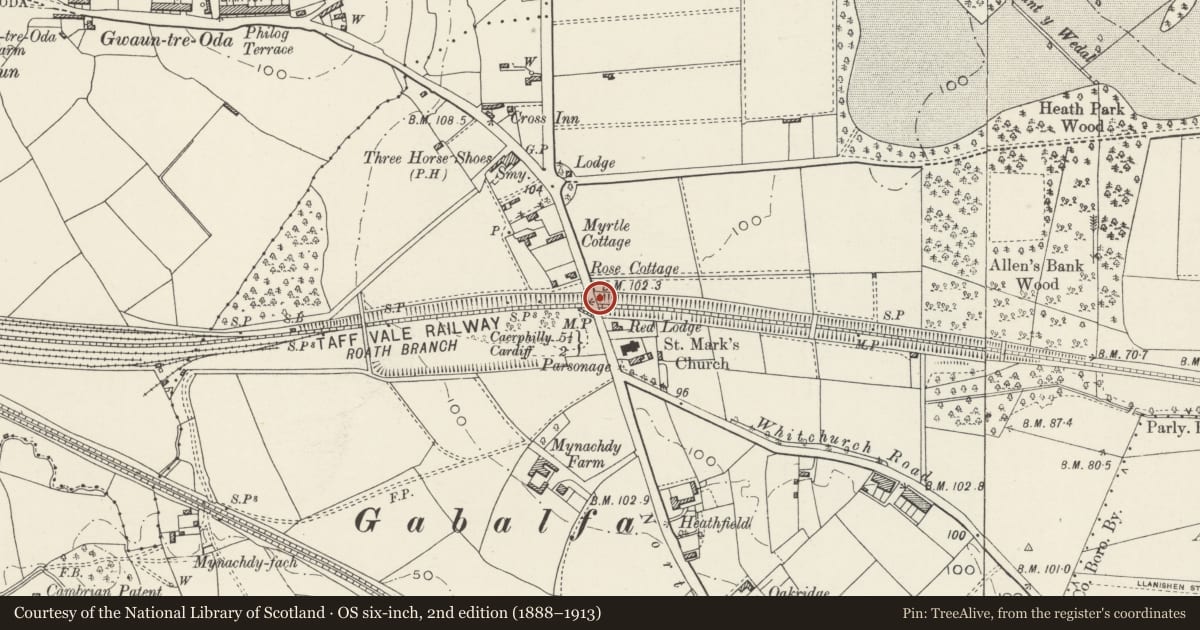 Ordnance Survey six-inch map, 2nd edition (1888–1913) covering the location of Milepost, Heath, Cardiff, with a pin at the register's coordinates