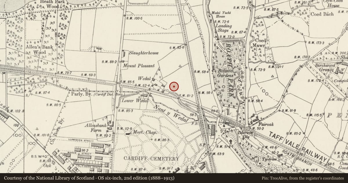 Ordnance Survey six-inch map, 2nd edition (1888–1913) covering the location of War Memorial Cross, Heath, Cardiff, with a pin at the register's coordinates