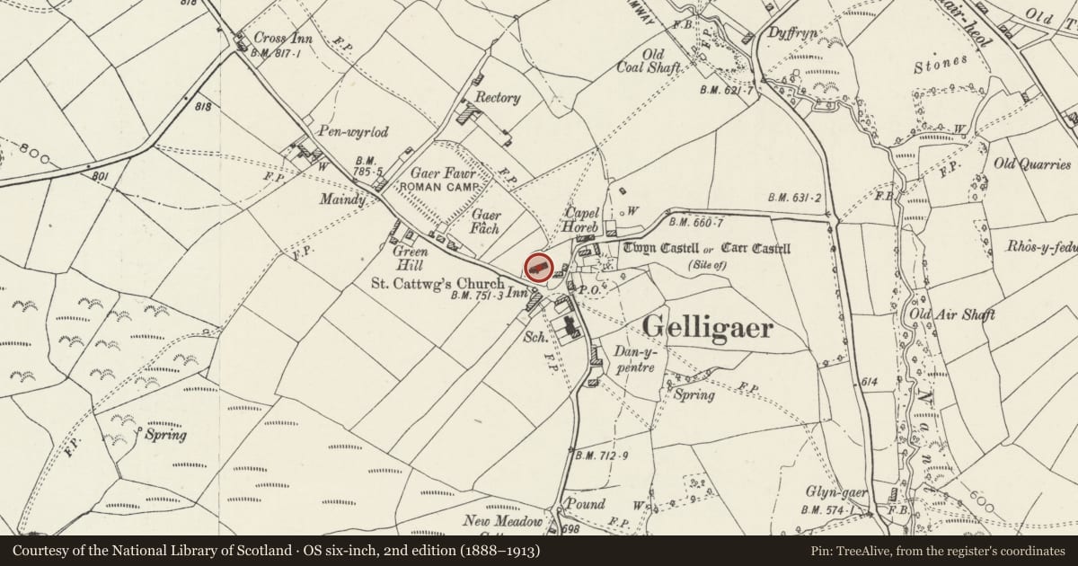 Ordnance Survey six-inch map, 2nd edition (1888–1913) covering the location of Church of St Catwg, Gelligaer, Caerphilly, with a pin at the register's coordinates