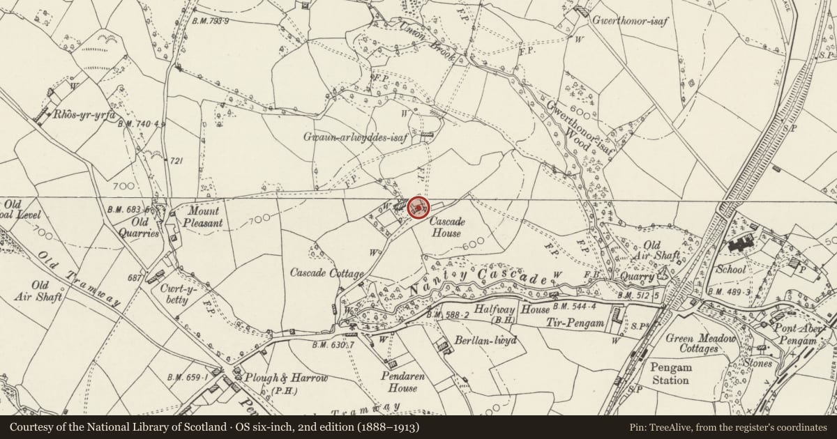 Ordnance Survey six-inch map, 2nd edition (1888–1913) covering the location of Former farm building at Cascade House, Gelligaer, Caerphilly, with a pin at the register's coordinates