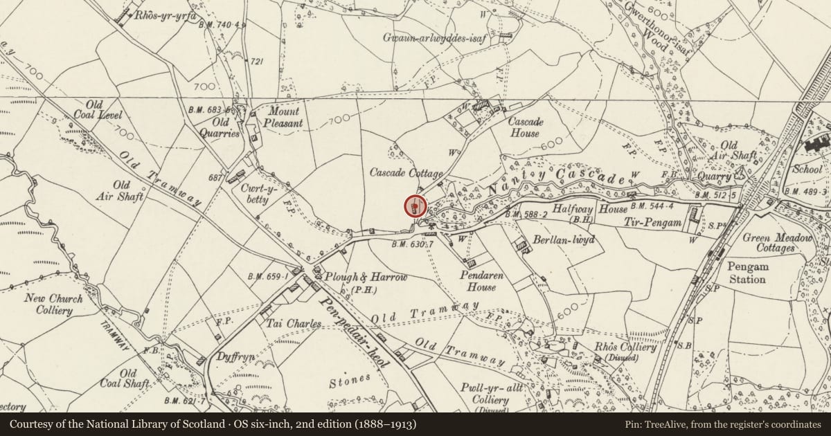 Ordnance Survey six-inch map, 2nd edition (1888–1913) covering the location of Stable at Cascade House drive, Gelligaer, Caerphilly, with a pin at the register's coordinates
