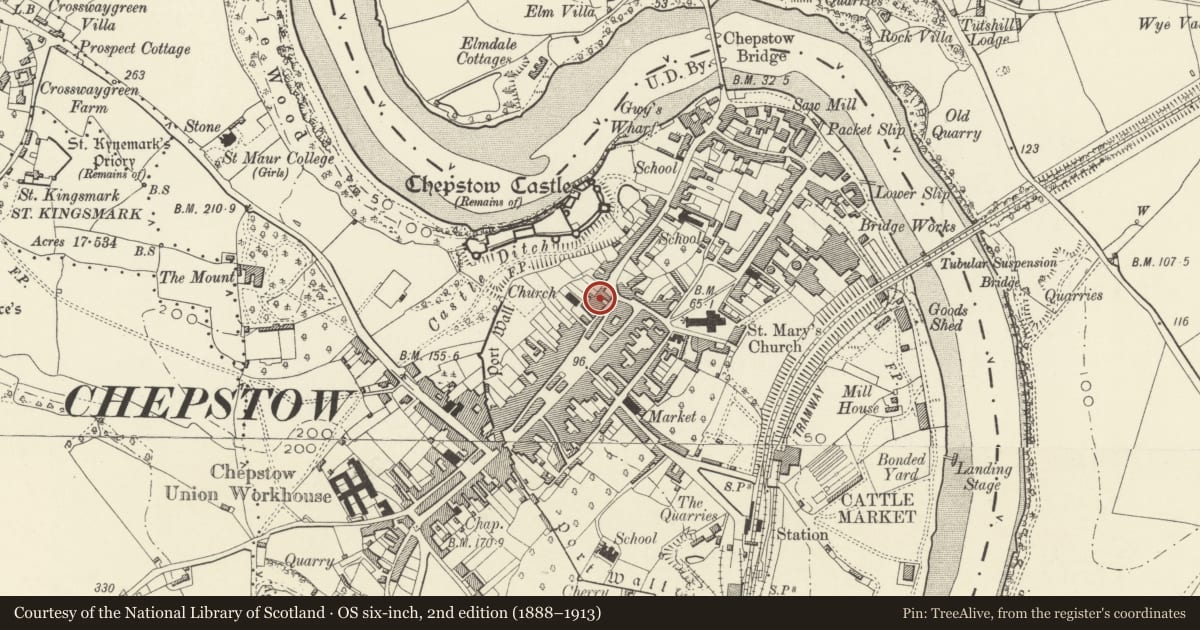 Ordnance Survey six-inch map, 2nd edition (1888–1913) covering the location of Hocker Hill House including forecourt railings and attached gate, Chepstow, Monmouthshire, with a pin at the register's coordinates