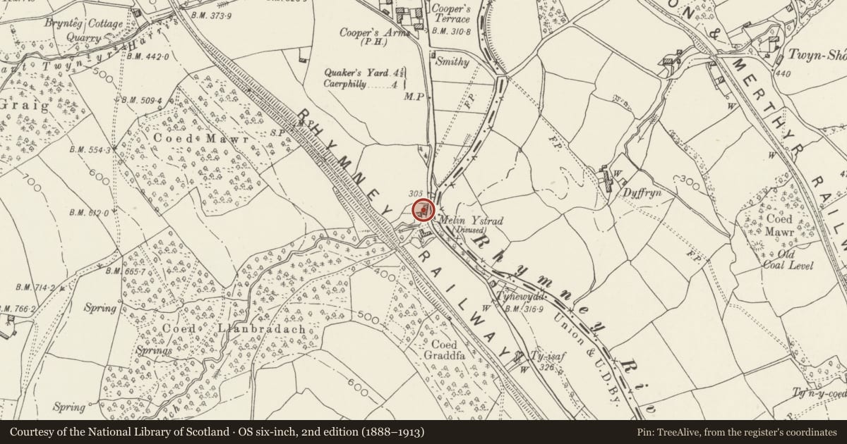 Ordnance Survey six-inch map, 2nd edition (1888–1913) covering the location of Mill Forge, Gelligaer, Caerphilly, with a pin at the register's coordinates