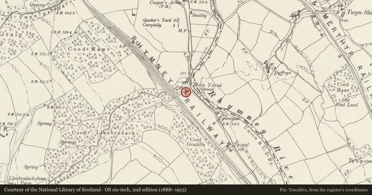 Ordnance Survey six-inch map, 2nd edition (1888–1913) covering the location of The Old Mill, Gelligaer, Caerphilly, with a pin at the register's coordinates