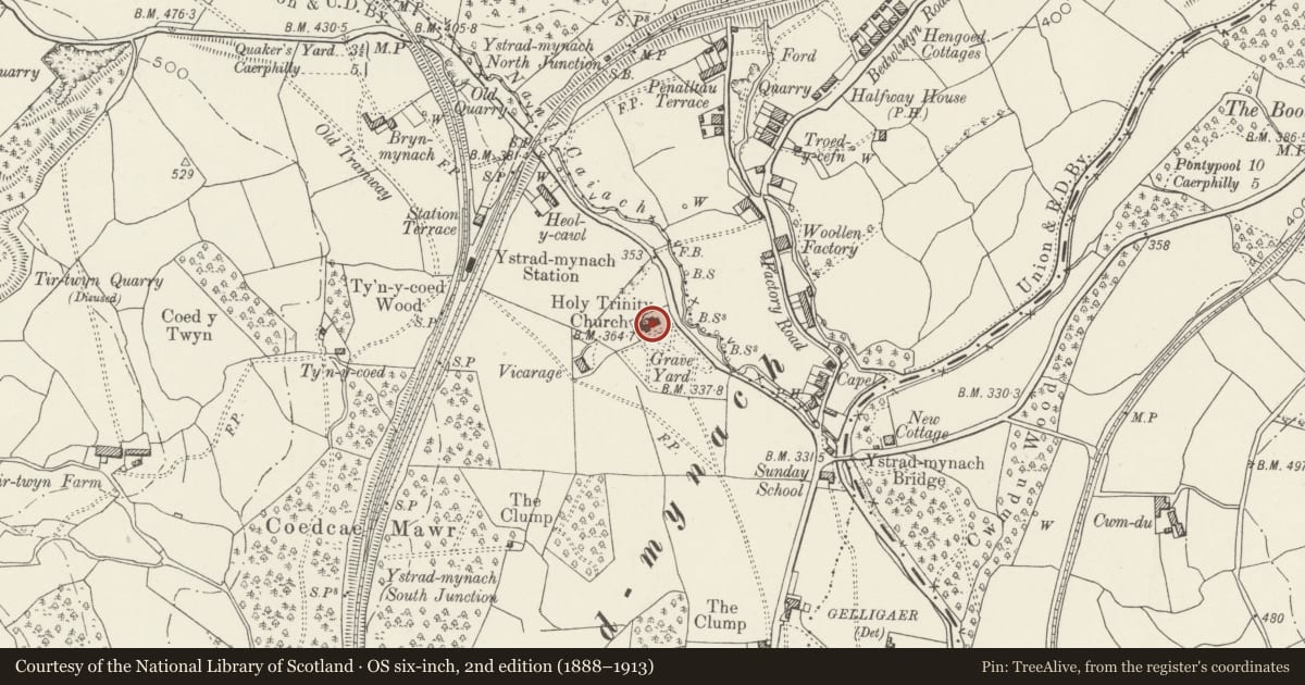 Ordnance Survey six-inch map, 2nd edition (1888–1913) covering the location of Church of Holy Trinity, Gelligaer, Caerphilly, with a pin at the register's coordinates