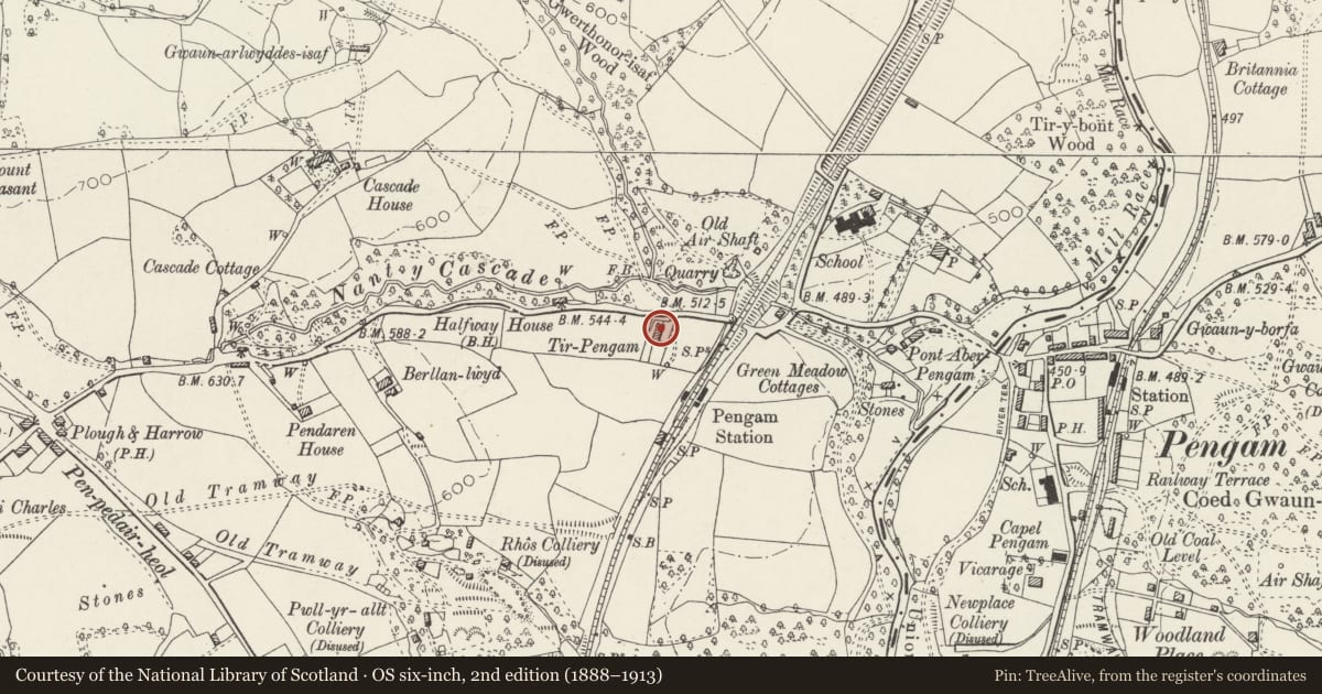 Ordnance Survey six-inch map, 2nd edition (1888–1913) covering the location of Tir Pengam including attached barn and byre range to S, Gelligaer, Caerphilly, with a pin at the register's coordinates