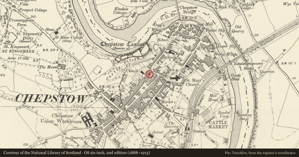 Ordnance Survey six-inch map, 2nd edition (1888–1913) covering the location of Five Alls Inn including iron forecourt railings, Chepstow, Monmouthshire, with a pin at the register's coordinates