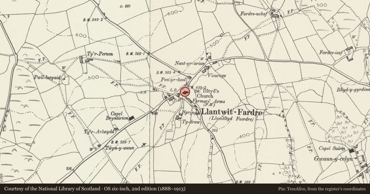 Ordnance Survey six-inch map, 2nd edition (1888–1913) covering the location of Church of St Illtyd, Llantwit Fardre, Rhondda Cynon Taff, with a pin at the register's coordinates