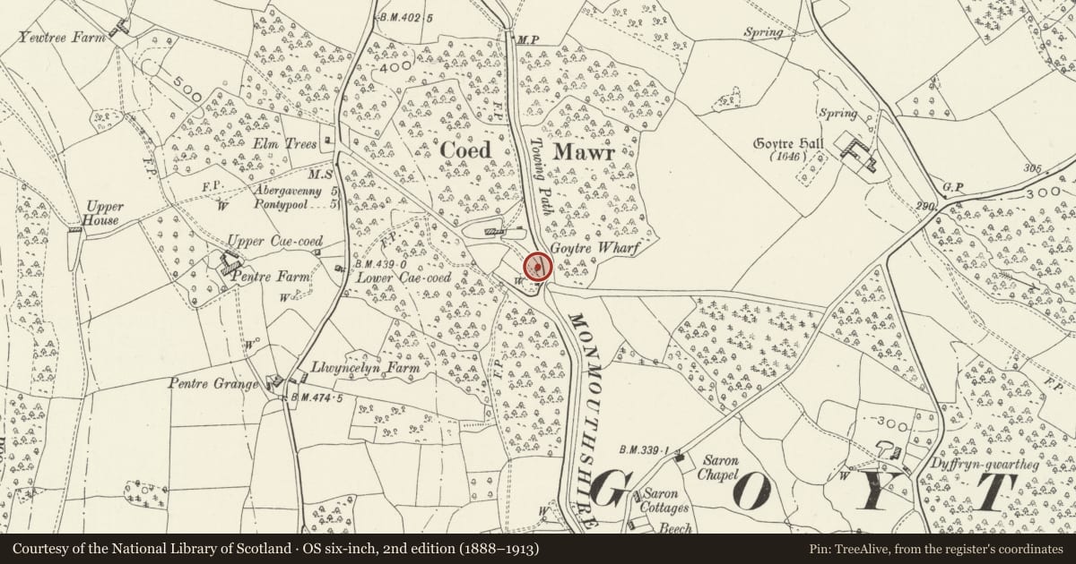 Ordnance Survey six-inch map, 2nd edition (1888–1913) covering the location of Aqueduct Cottage at Goytre Wharf, Goetre Fawr, Monmouthshire, with a pin at the register's coordinates