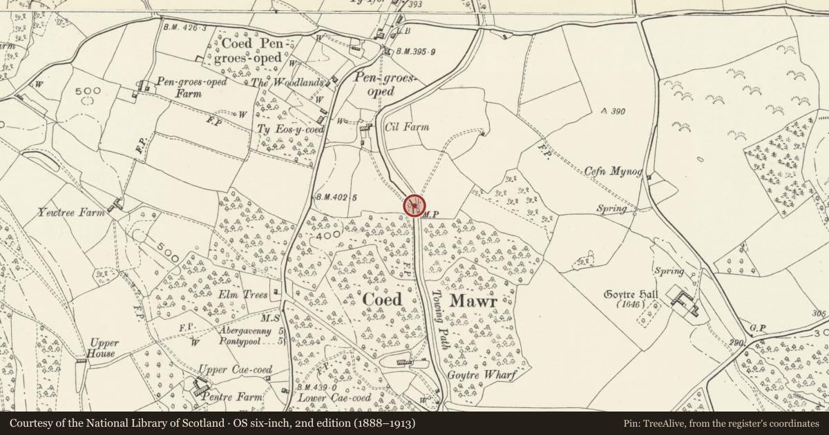 Ordnance Survey six-inch map, 2nd edition (1888–1913) covering the location of Bridge No. 75, Goetre Fawr, Monmouthshire, with a pin at the register's coordinates