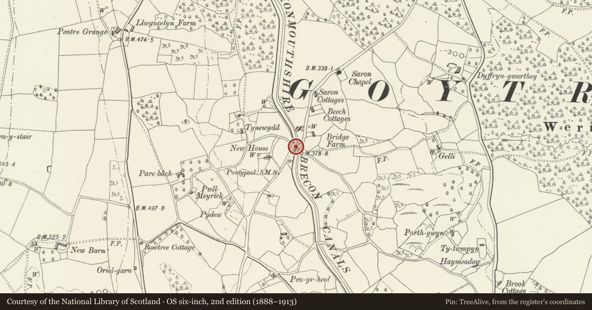 Ordnance Survey six-inch map, 2nd edition (1888–1913) covering the location of Bridge No. 74, Goetre Fawr, Monmouthshire, with a pin at the register's coordinates
