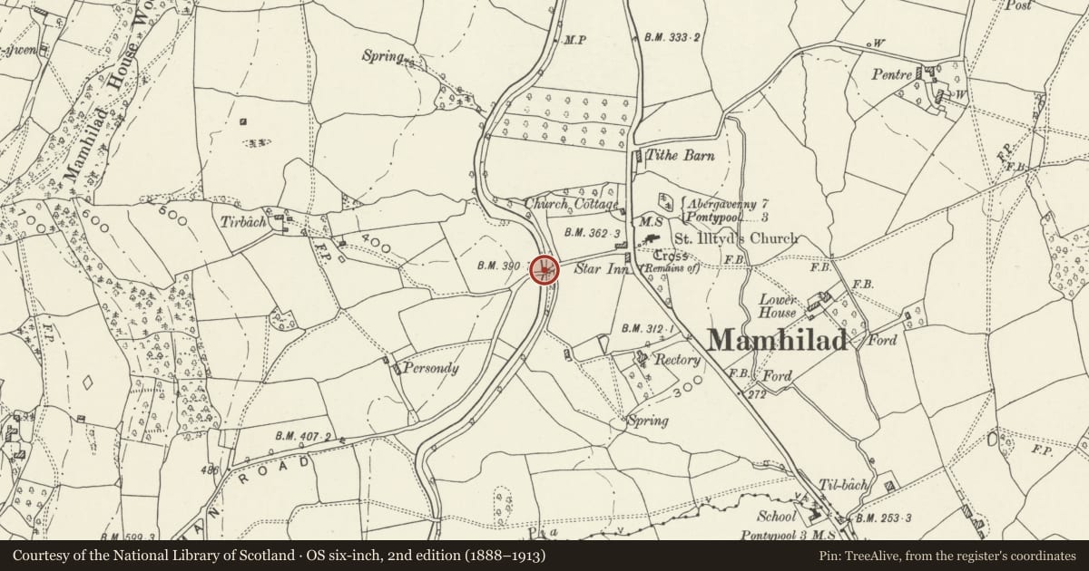 Ordnance Survey six-inch map, 2nd edition (1888–1913) covering the location of Bridge No. 62, Goetre Fawr, Monmouthshire, with a pin at the register's coordinates