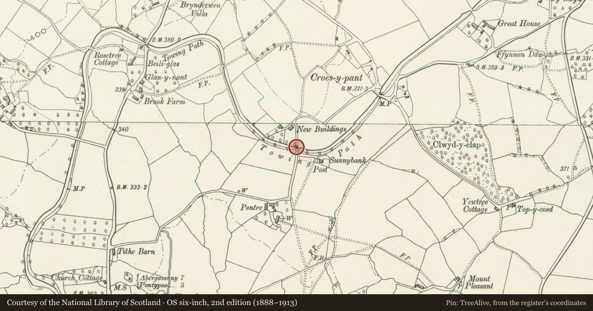 Ordnance Survey six-inch map, 2nd edition (1888–1913) covering the location of Bridge No. 67, Goetre Fawr, Monmouthshire, with a pin at the register's coordinates