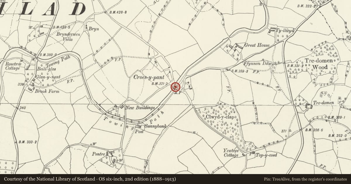 Ordnance Survey six-inch map, 2nd edition (1888–1913) covering the location of Bridge No. 68, Goetre Fawr, Monmouthshire, with a pin at the register's coordinates
