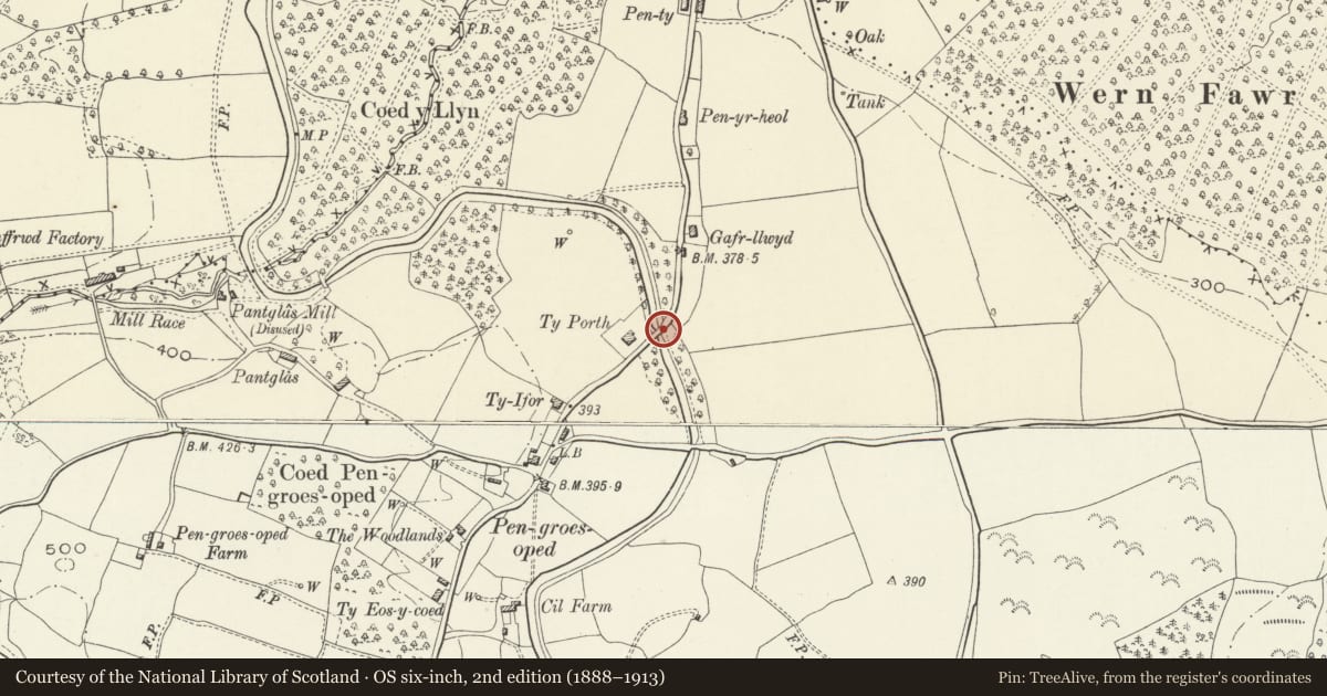 Ordnance Survey six-inch map, 2nd edition (1888–1913) covering the location of Bridge No. 77, Goetre Fawr, Monmouthshire, with a pin at the register's coordinates