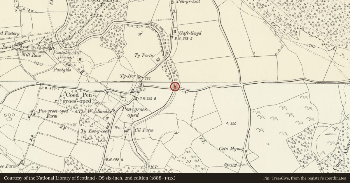 Ordnance Survey six-inch map, 2nd edition (1888–1913) covering the location of Bridge No. 76, Goetre Fawr, Monmouthshire, with a pin at the register's coordinates