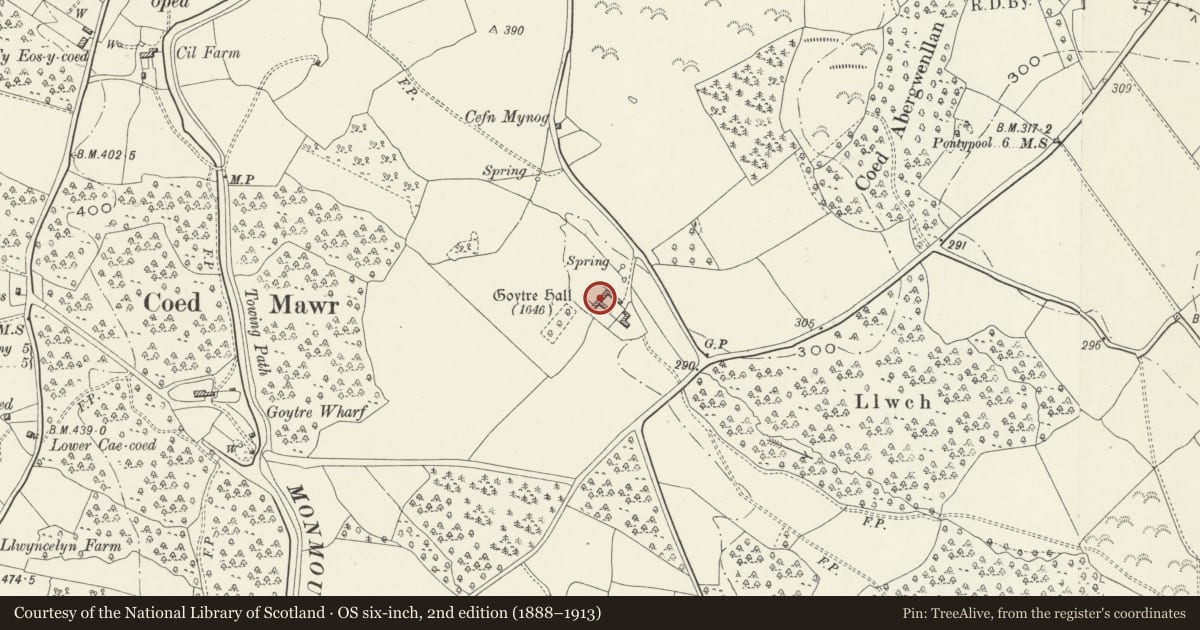 Ordnance Survey six-inch map, 2nd edition (1888–1913) covering the location of Stables Court at Goytre Hall, Goetre Fawr, Monmouthshire, with a pin at the register's coordinates
