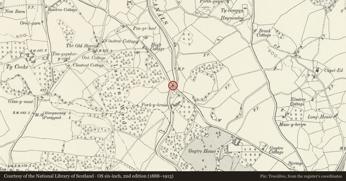 Ordnance Survey six-inch map, 2nd edition (1888–1913) covering the location of Bridge No. 72, Goetre Fawr, Monmouthshire, with a pin at the register's coordinates