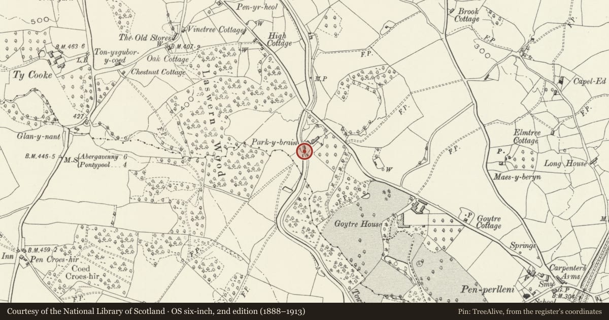 Ordnance Survey six-inch map, 2nd edition (1888–1913) covering the location of Bridge No. 71, Goetre Fawr, Monmouthshire, with a pin at the register's coordinates